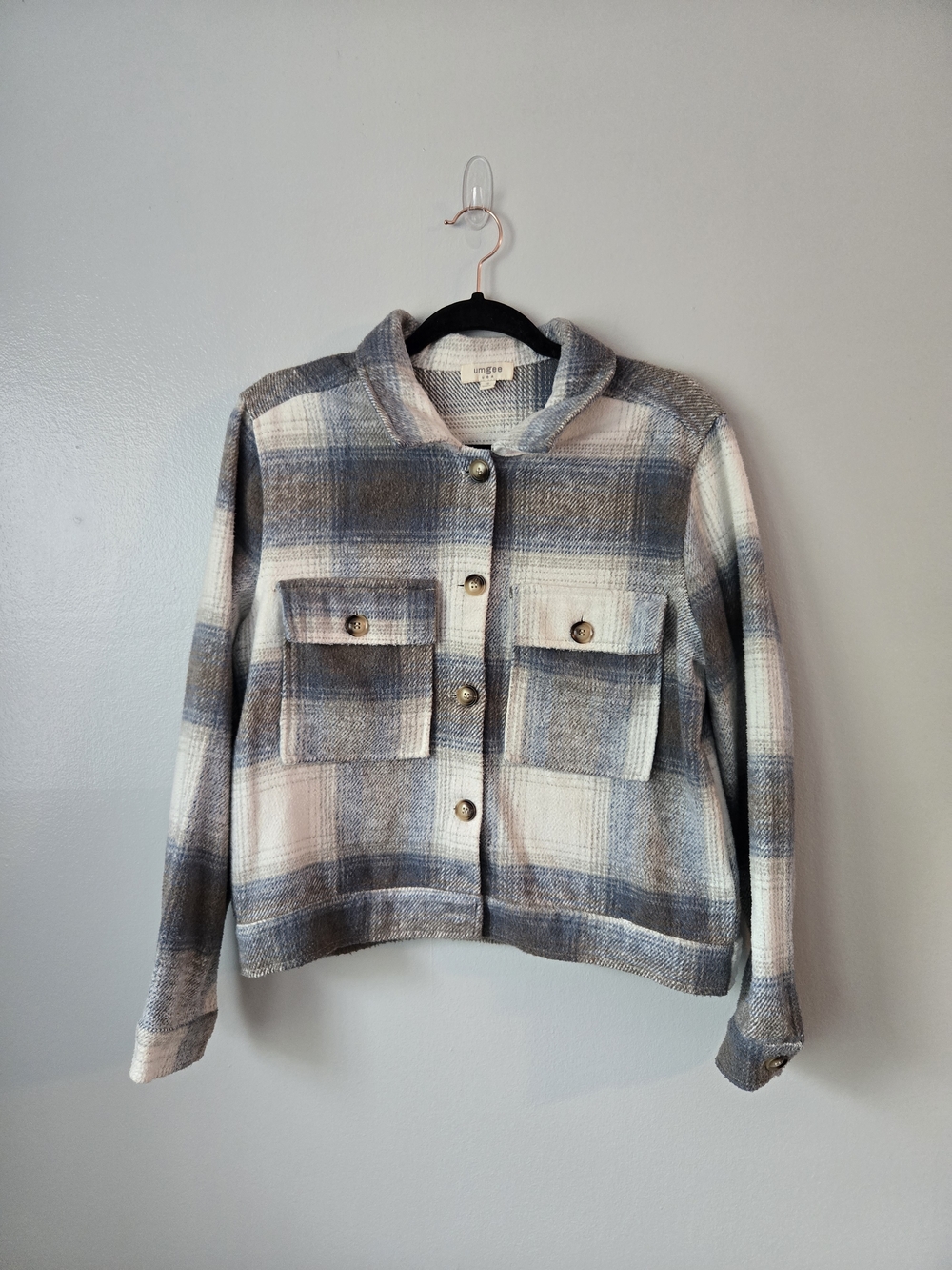 Umgee Plaid Cropped Shacket Jacket Blue Cream Button Front Flap Pockets Size S
